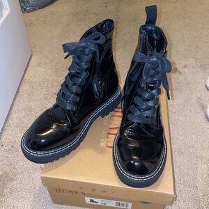 Dunes CANNON Combat Boots Faux Leather Patent Black Lace Up Chunky Size 8 M
